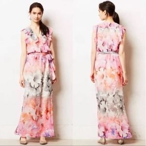 Anthropologie HD in Paris Ruffle Front Watercolor Floral Belted Maxi Dress 4